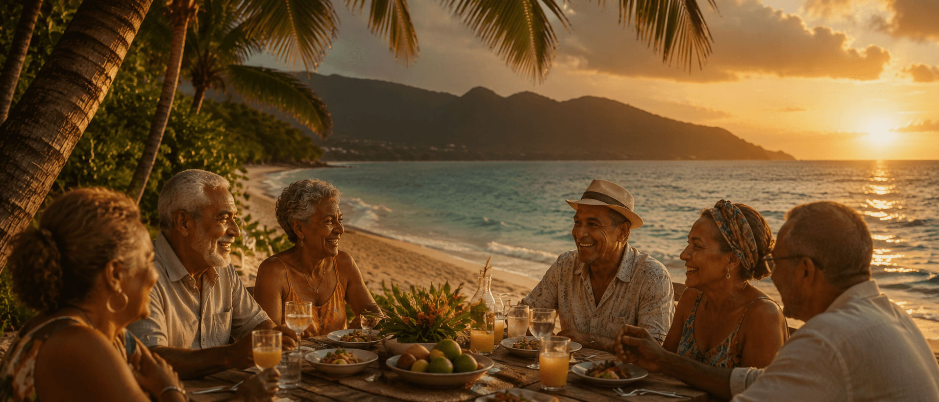 Six amis seniors partagent un repas convivial sur la plage au coucher du soleil.